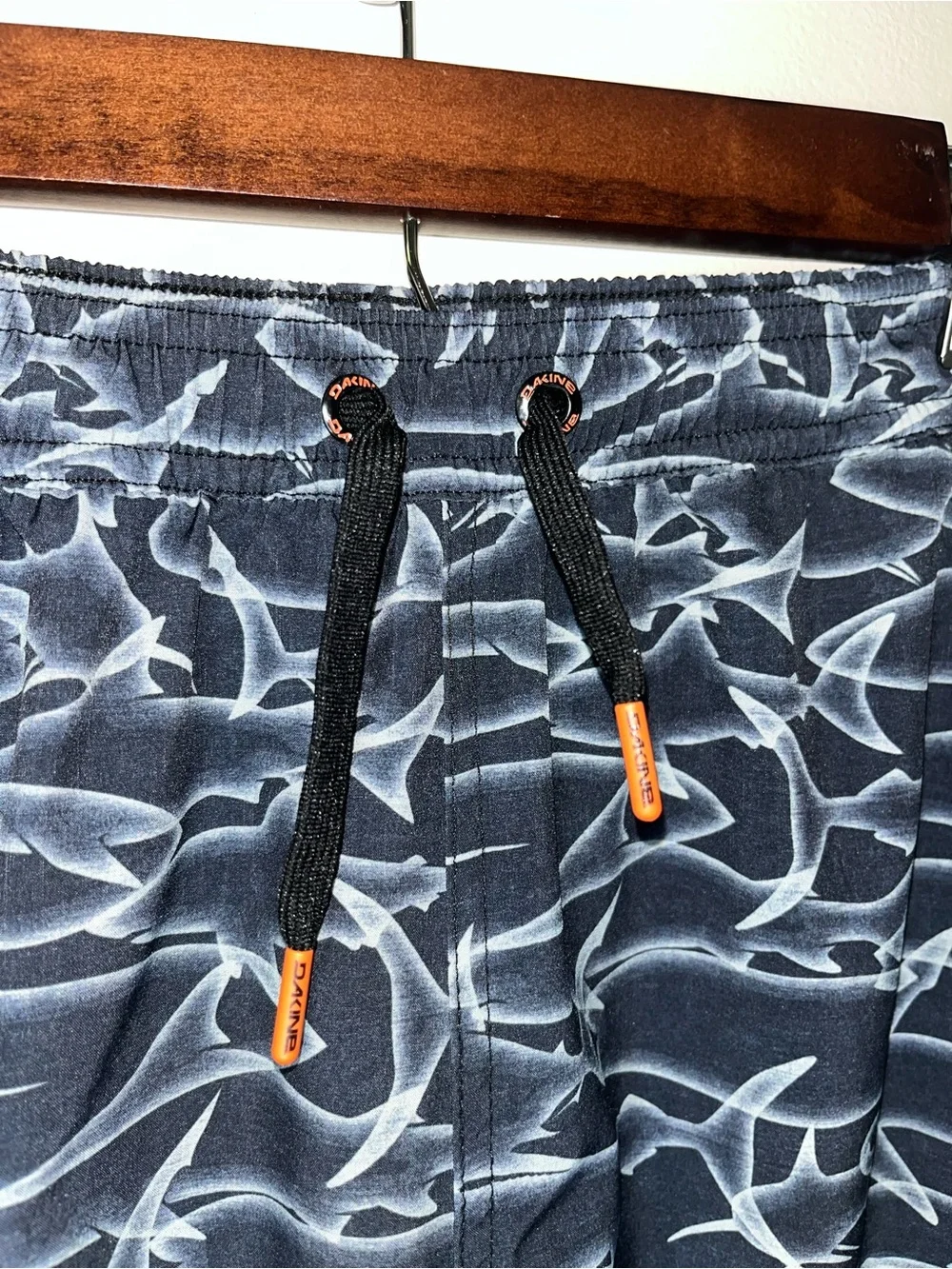 Dakine Boys Shark Print Swim Shorts Gray Orange Size S EUC Swim Trunks Pool